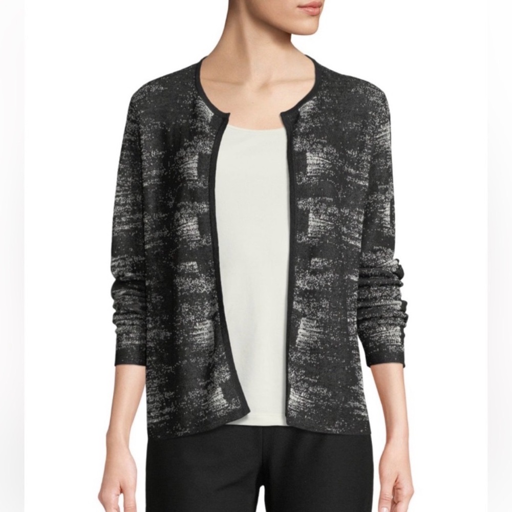 Eileen Fisher Organic Linen Knit BLACK BONE Cardigan Lagenlook Petite Fits S